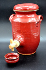 Enameled Stoneware Vinegar Bowl with Wood Faucet Signed to Identify, Vintage Kitchen