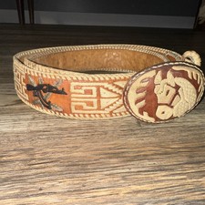 AK -47 Cartel Mexican Leather Belt Crewel Stitched 29-33 Machine Gun Western