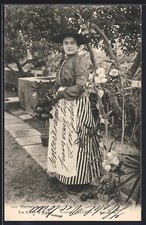 Old postcard Hyères, woman in a garden with flowers and fruit trees 