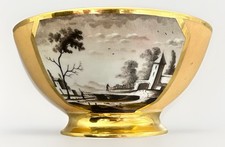 PARIS PORCELAIN SUPERB SEPIA LANDSCAPE SCENES APRICOT COLOUR LARGE BOWL C1820