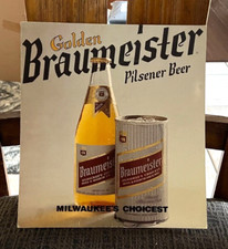 VINTAGE BRAUMEISTER BEER CARDBOARD EASEL BACK SIGN CAN PETER HAND BRG CHICAGO IL