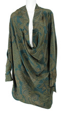DRIES VAN NOTEN Green & Teal Floral Silk Crepe Cowl Neck Tunic Blouse M