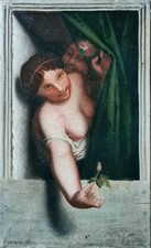 Ecole Belge gourgandine Bruxelles 1905 Signature à identifier huile/toile 28x17