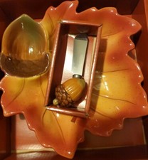 Ceramic Fall Autumn Harvest Orange Leaf Dish With Brown Acorn Nut Knife