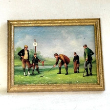 Dollhouse Miniature Art - Antique Look Gold  Frame Yellow Golfing Scene 1:12