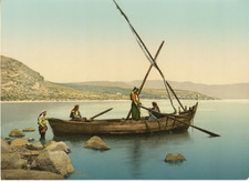 Tiberias. Fishing boat on the lake of Genezareth. vintage photochrome PZ, 