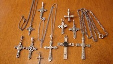 ANTIQUE CROSS PENDANT LOT MOST WITH MARCASSITE 3 NECKLACES INCLUDED 33.3 GRAMS