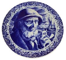 Boch Freres La Louviere Delft Fisherman Plate 10.5 in Blue White Belgium Vintage