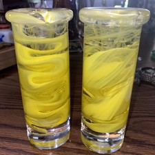 Kosta Boda Anna Ehrner Atoll Candle Pillar Candlestick Yellow Swirl Sweden Pair