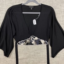 BEBE Shrug Top Blouse Women's SIZE XS Beaded Tie Back Black White Dressy