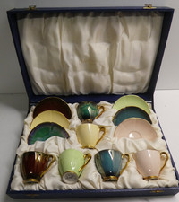 VINTAGE CARLTON WARE BOXED SET 6 DEMI TASSE HARLEQUIN LUSTRE CUPS & SAUCERS