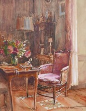 Watercolor drawing painting interior scene table LXV armchair Henri d'HAUTERIVE