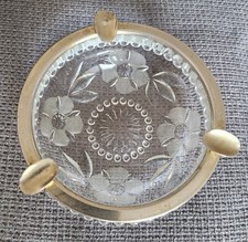 Ancien Cendrier Rond En Cristal Et Métal Argenté Vintage 