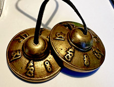 Tibetan Buddhist Practice Bronze Tingsha Cymbals Chimes Raised Symbols
