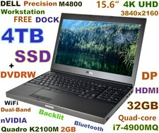 Workstation DELL M4800 i7-QUAD FAST 4TB SSD DVDRW 32GB 15.6" 4K  Quadro Docking
