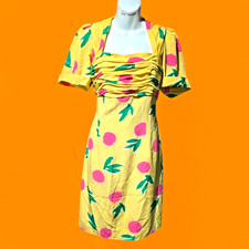 LOUIS FERAUD vtg 80s West Germany Bright Yellow Pink Green Lychee Dress M 10 1F
