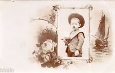 BJ524 Vintage Photo Card RPPC Child Costume Marine Boat Beret Frame