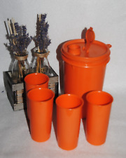 🌟TUPPERWARE Pichet 1 litre Doseur Verseur + 4 Gobelets Verre Orange Vintage
