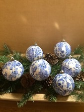 6 Blue/White/Silver Chinoiserie Inspired 2.5” Handmade Christmas Ornaments, New