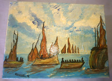 OLD BEAUTIFUL OIL PAINTING NAIVE SEASCAPE with BOATS signed ROUSSEL M