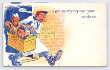 Smoking Grocery Delivery Man Basket Cartoon c1907 Postcard, Humor Monteagle TN