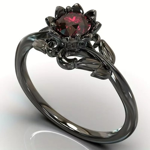 Bague fleur noire pierre rouge - fleur,