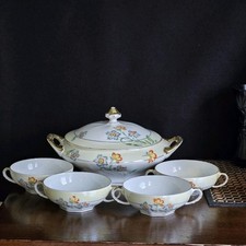 VTG AMC AUGUSTE MOUZIN GERMANY PORCELAIN CASSEROLE COVERED DISH 4 SOUP BOWLS 