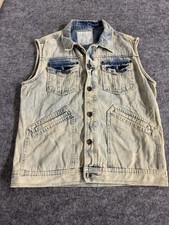 Smoke Rise Denim Vest Mens Large Distressed Blue Jean Jacket Pockets N78