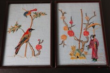 paire de cadres avec broderie OISEAU & ARBRE EN FLEURS AVEC FEMME JAPONAISE