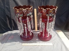 Pair Bohemian Czech Mantle Lusters - 13+" with Prisms - Gold Enameled Ruby Glass