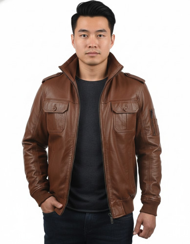 Blouson cuir moto marron - cuir, de