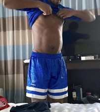 Xara 90s Super Rare Vintage Nylon Glanz Football Short Bleu Blanc Soyeux