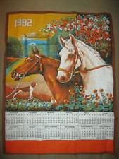 NEUF Vintage 1992 Ancien TORCHON CALENDRIER CHEVAUX CHIEN PARC ROSIER ROSES...