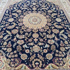 Indo Nain Wool Silk Rug Navy Ivory Medallion High Quality Hand Knotted Rug