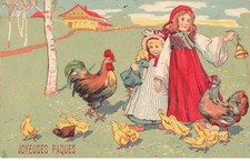 Fancy Card - Happy Easter - Girls Surrounded by Chicken, Rooster and Pooh