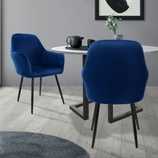 2x Chaises de cuisine en velours, bleu, métal, fauteuil avec dossier, accoudoirs