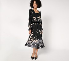 Susan Graver Petite Printed Liquid Knit Lace & Velvet Trim Midi Dress Black XL N