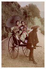 Japan, Two Woman and Child in a Rickshaw, Vintage Watercolor Print, ca.