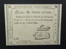 ASSIGNAT, Association ROUEN (Seine-Maritime) - Trois Livres - Signé Limé