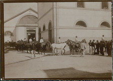 France, military exercise on horseback in front of a merry-go-round, ca.1900, vintage citrate p