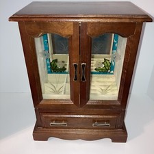 Vintage Wooden Armoire Jewelry Box Etched Double Glass Doors Lighted Interior