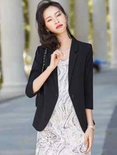 Veste De Tailleur Femme Bureau Élégante Noire Satin Bouton 09895