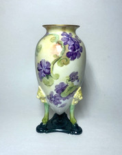 Antique 1890's MR Limoges France Hand Painted Porcelain Three-Footed Vase