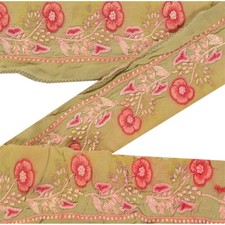 Sanskriti Vintage 1 Yd Sari Border Hand Embroidered Craft Trim Ribbon Green Lace