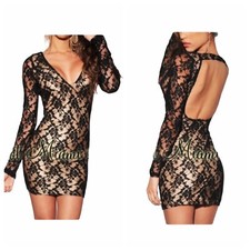 Black Lace Nude Illusion Key Hole Back Mini Dress