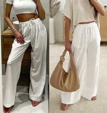 COS WHITE RELAXED HIGH WAIST WIDE-LEG 100% LINEN CASUAL LOOSE TROUSERS PANTS M