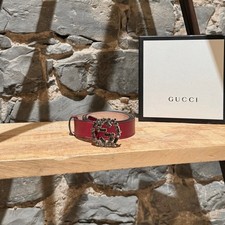 Gucci GG Burgundy Leather Crystal GG Buckle Belt - 85cm