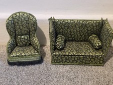 RARE Vintage Doll House Sofa Armchair Suite Set Miniature Knoll Sofa Settee 1:12
