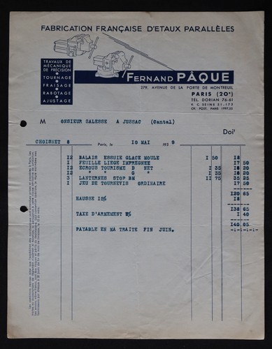 Facture 1939 paris fabrique d - paris,