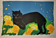 WALASSE TING The Black Cat 1988 HAND SIGNED Ltd. Edition Lithograph SAM FRANCIS